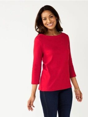 EUC Croft & Barrow Red 3/4 Sleeve Cotton Top Size Small